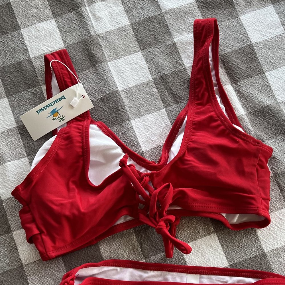 Twist Front Ruched Bottom Solid Color Bikini Set - Picture 2 of 6